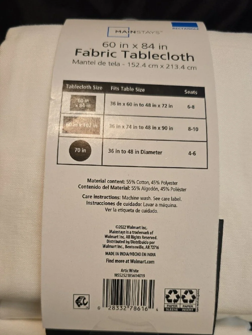 Mainstays White Fabric Tablecloth - Classic Solid White
